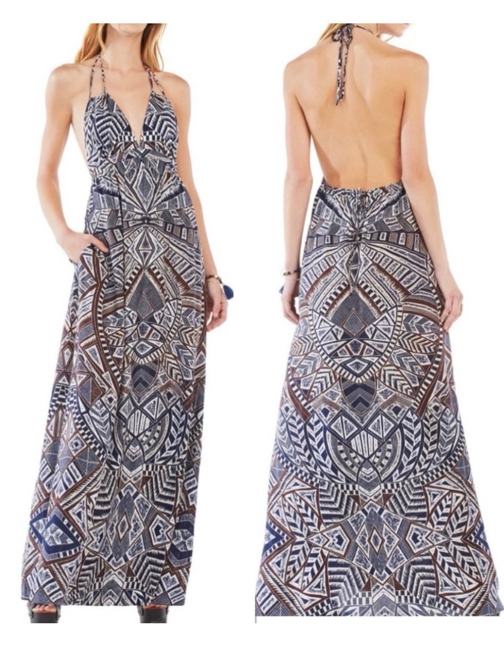 BCBGMaxAzria Kamala Geometric Print Backless Halter Maxi Dress in Blue and Brown